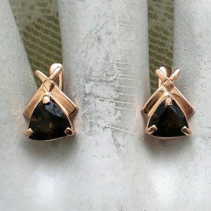 Russian Russia 14K 585 Rose Pink Gold Smokey Topaz Triangle Pierced Earrings